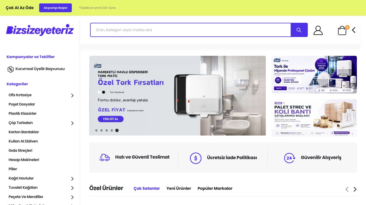 BizSizeYeteriz B2B e-ticaret sitesinin ana sayfası