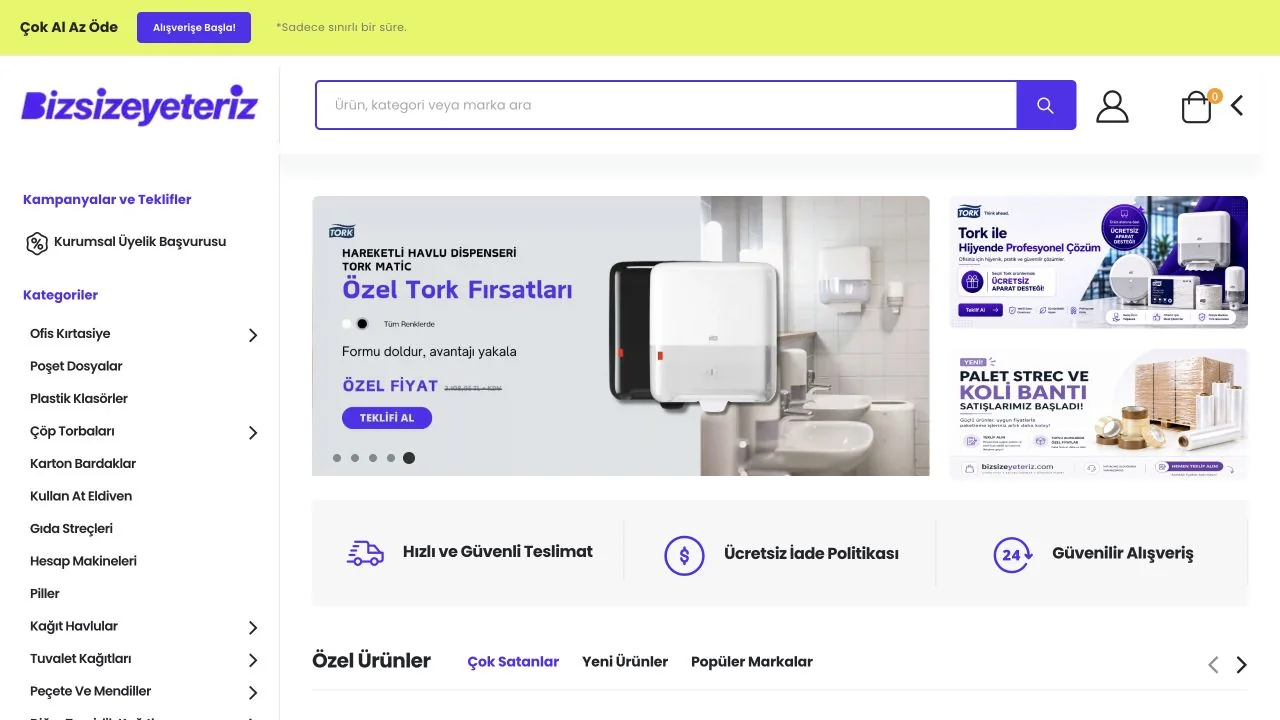 BizSizeYeteriz B2B e-ticaret sitesinin ana sayfası