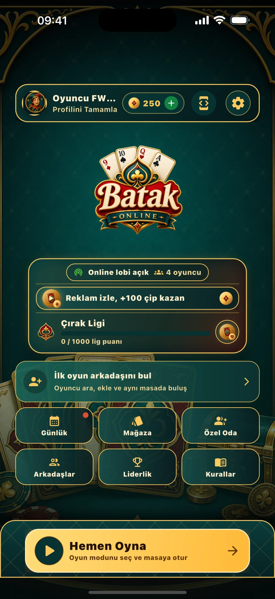 Batak Online ana lobi ekranı