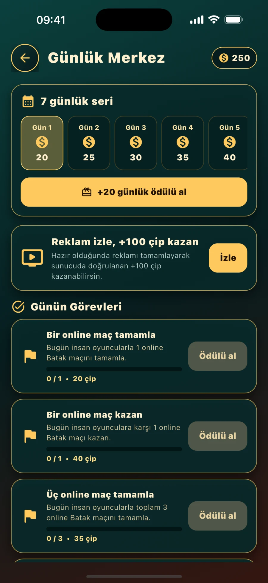 Günlük ödüller ekranı